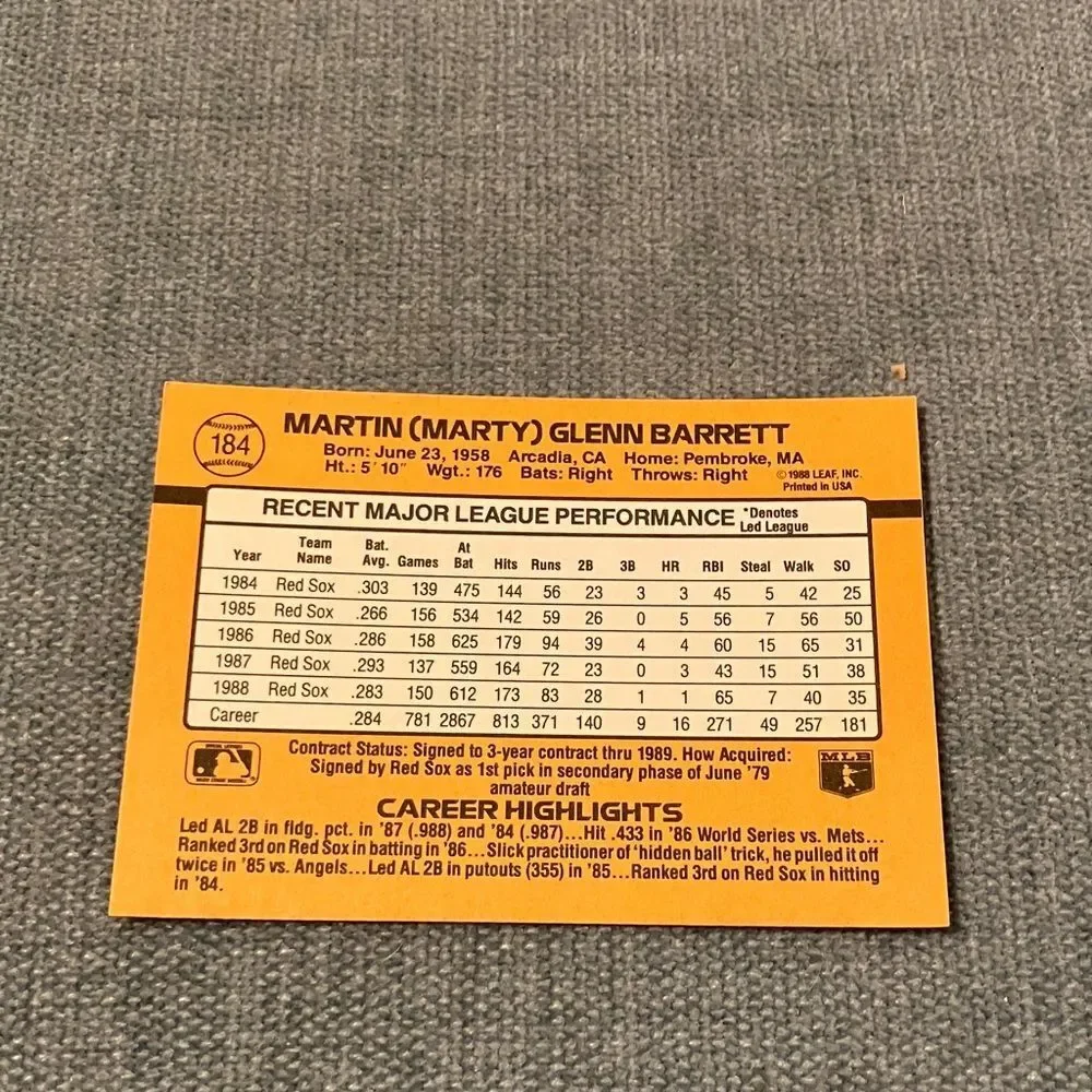 1989 Donruss Boston Red Sox Baseball Card Trading Card